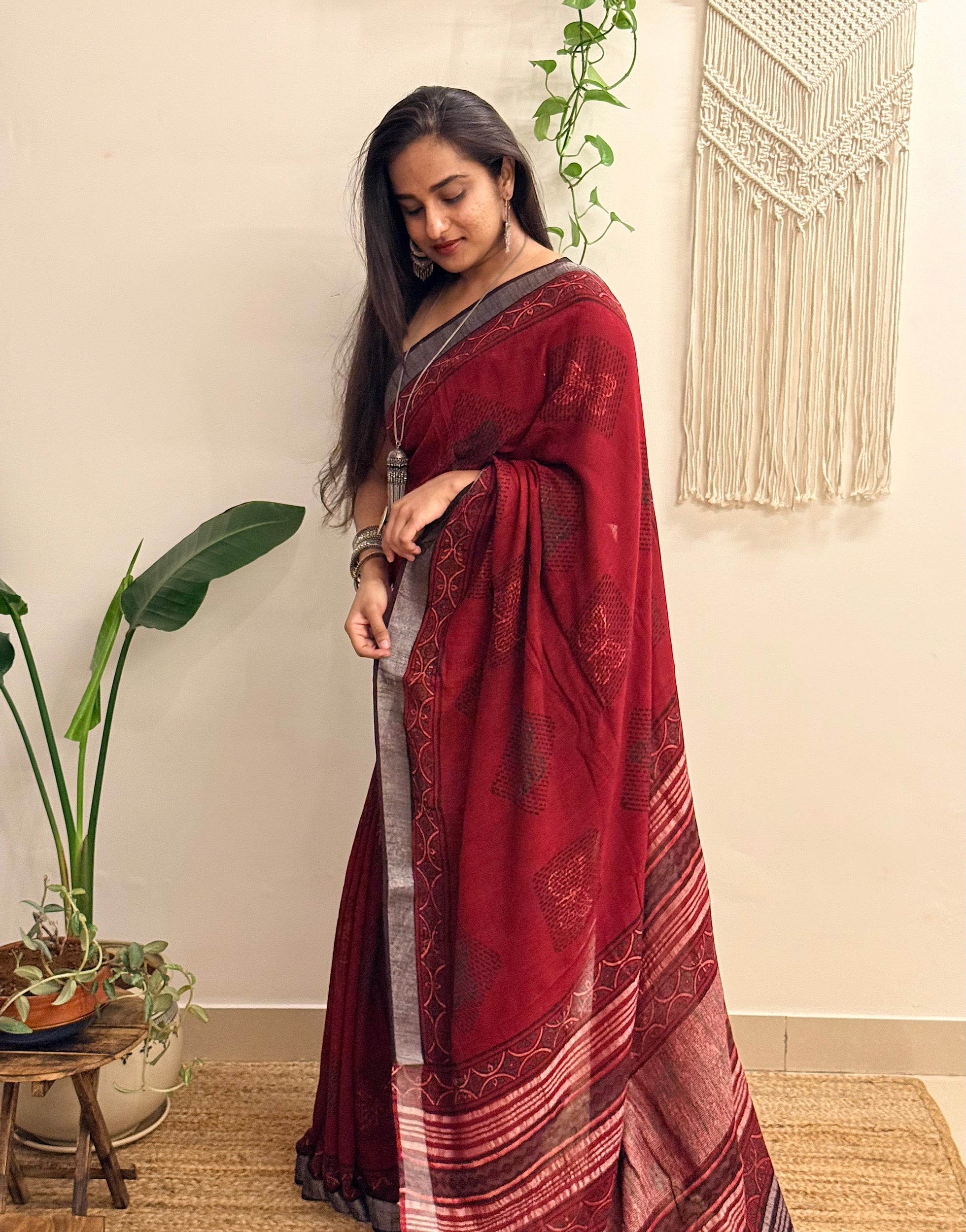 Slow Burn: Deep Maroon Ajrakh Handblock Printed Slub Cotton Saree