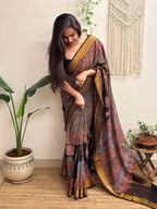 Adaa: Black Ajrakh Handblock Printed Mul Cotton Saree with Zari Border