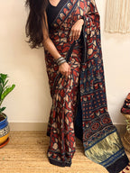 Cosmos: Red And Navy Blue Ajrakh Handblock Printed Modal Saree with Tissue Pallu