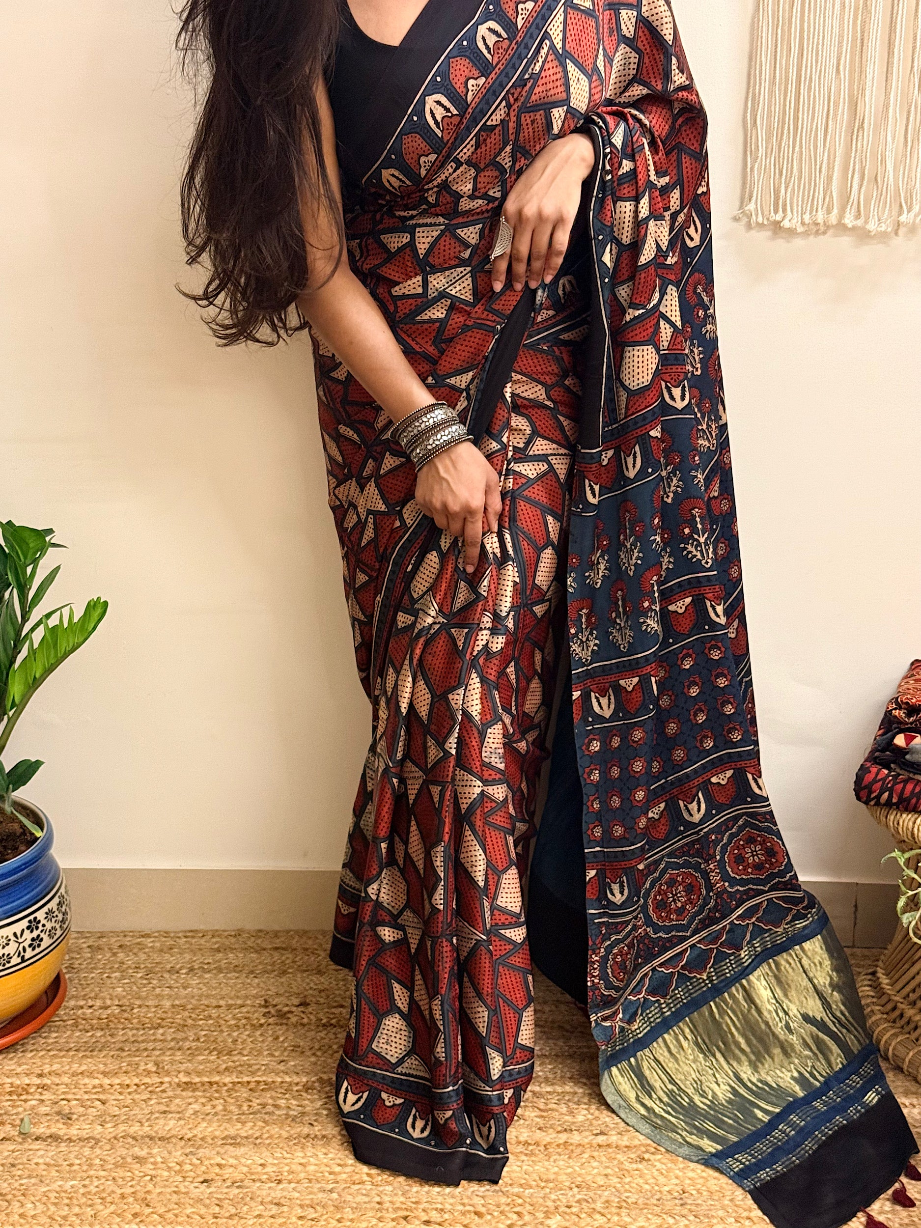 Cosmos: Red And Navy Blue Ajrakh Handblock Printed Modal Saree with Tissue Pallu