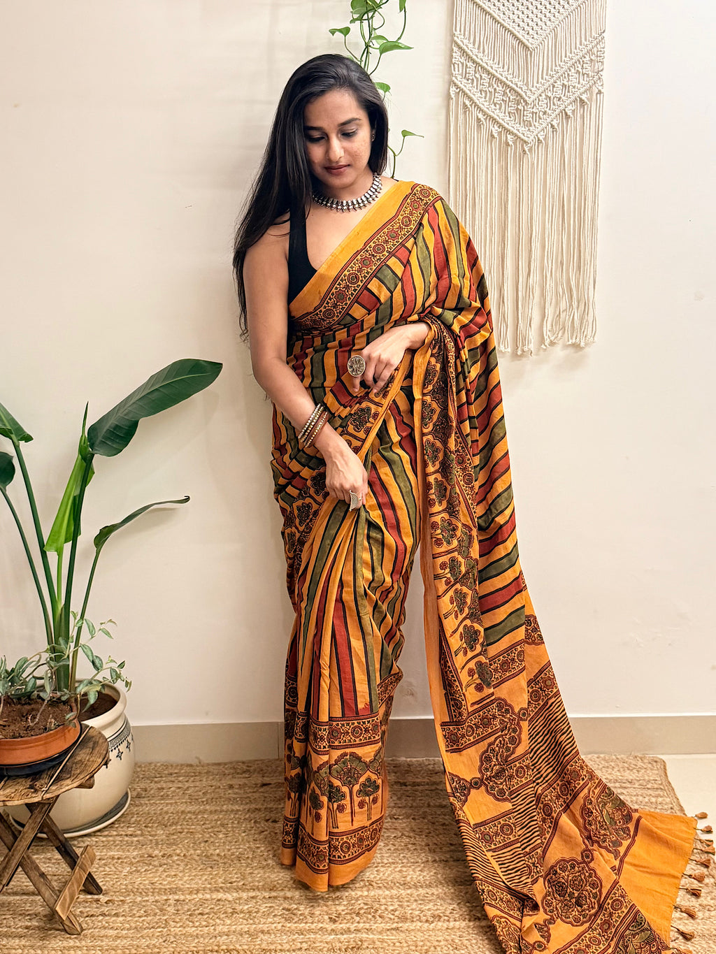 Basant: Turmeric Ajrakh Handblock Printed Mul Cotton Saree
