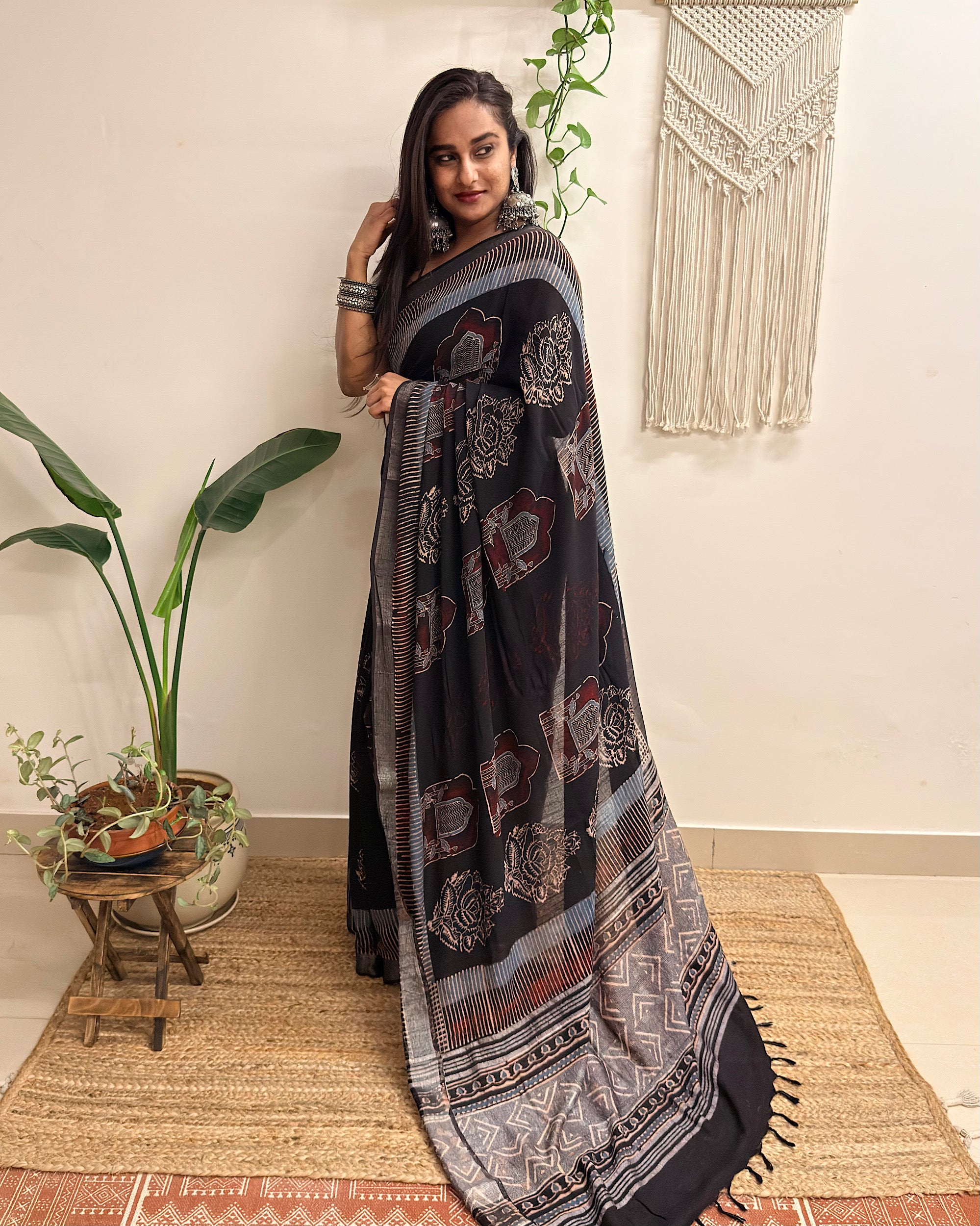 Midnight: Black Ajrakh Handblock Printed Slub Cotton Saree