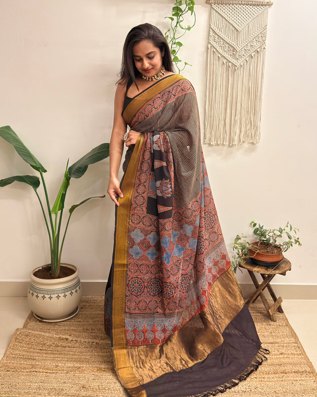 Adaa: Black Ajrakh Handblock Printed Mul Cotton Saree with Zari Border