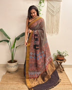 Adaa: Black Ajrakh Handblock Printed Mul Cotton Saree with Zari Border