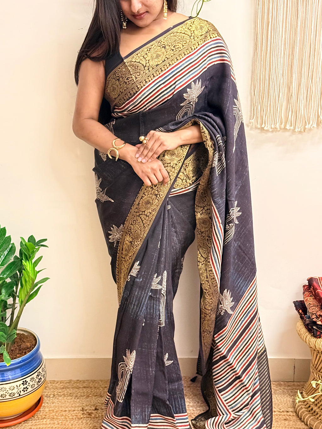 Wildflower: Charcoal Black Ajrakh Handblock Printed Dola Silk Saree