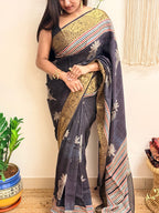 Wildflower: Charcoal Black Ajrakh Handblock Printed Dola Silk Saree