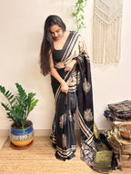 Meet me at Dusk: Charcoal Black Ajrakh Handblock Printed Modal Satin Saree with Tissue Pallu