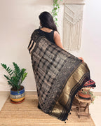 Main Character: Black and Cream Ajrakh Handblock Printed Modal Saree with Tissue Pallu
