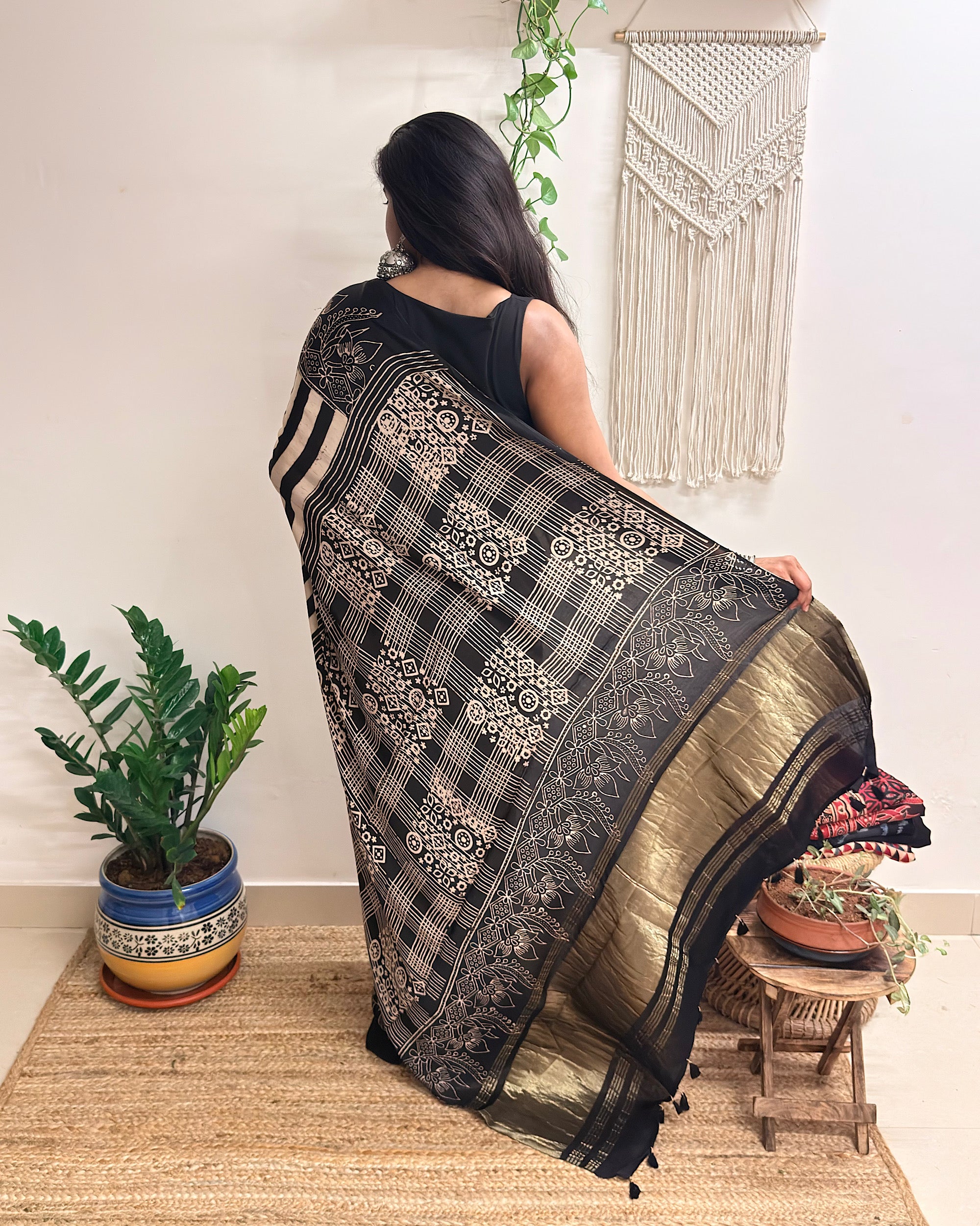 Main Character: Black and Cream Ajrakh Handblock Printed Modal Saree with Tissue Pallu