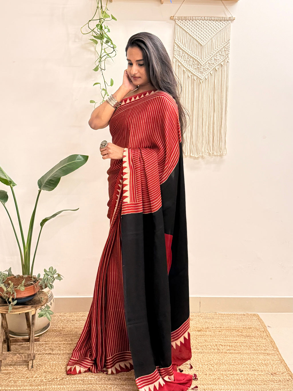 Aarzoo: Red and Cream Striped Ajrakh Handblock Printed Modal Saree