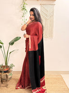 Aarzoo: Red and Cream Striped Ajrakh Handblock Printed Modal Saree