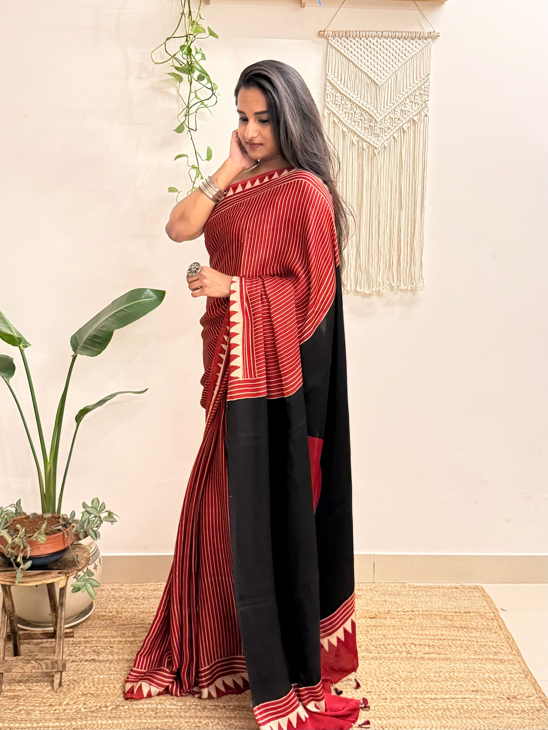 Aarzoo: Red and Cream Striped Ajrakh Handblock Printed Modal Saree