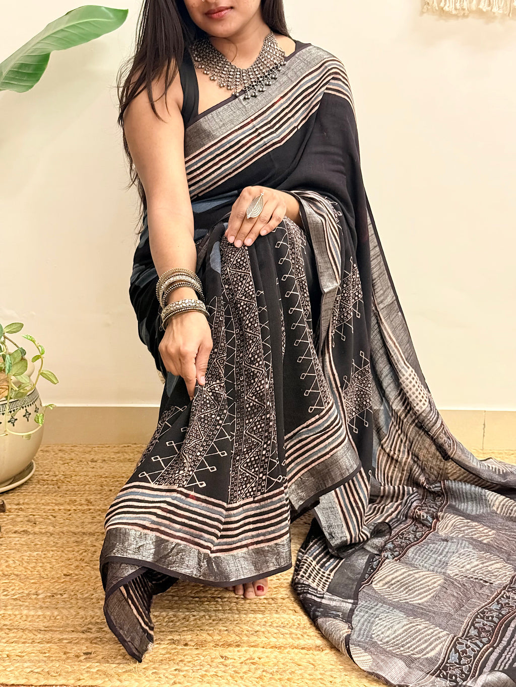 Silver Echo: Charcoal Black Ajrakh Handblock Printed Slub Cotton Saree
