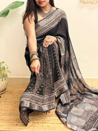 Silver Echo: Charcoal Black Ajrakh Handblock Printed Slub Cotton Saree