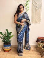 Aasman: Indigo and Black Ajrakh Handblock Printed Dola Silk Saree