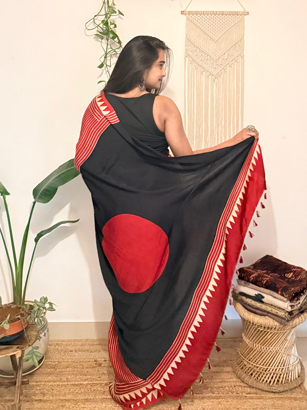 Aarzoo: Red and Cream Striped Ajrakh Handblock Printed Modal Saree