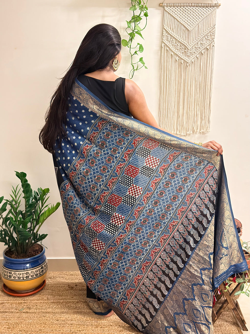 Aasman: Indigo and Black Ajrakh Handblock Printed Dola Silk Saree