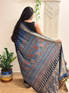 Aasman: Indigo and Black Ajrakh Handblock Printed Dola Silk Saree
