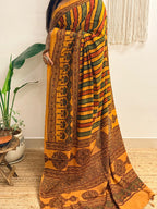 Basant: Turmeric Ajrakh Handblock Printed Mul Cotton Saree
