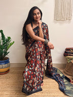 Cosmos: Red And Navy Blue Ajrakh Handblock Printed Modal Saree with Tissue Pallu