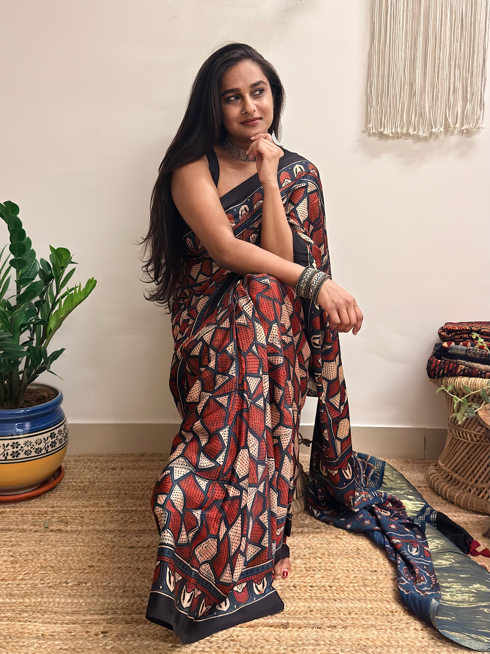 Cosmos: Red And Navy Blue Ajrakh Handblock Printed Modal Saree with Tissue Pallu