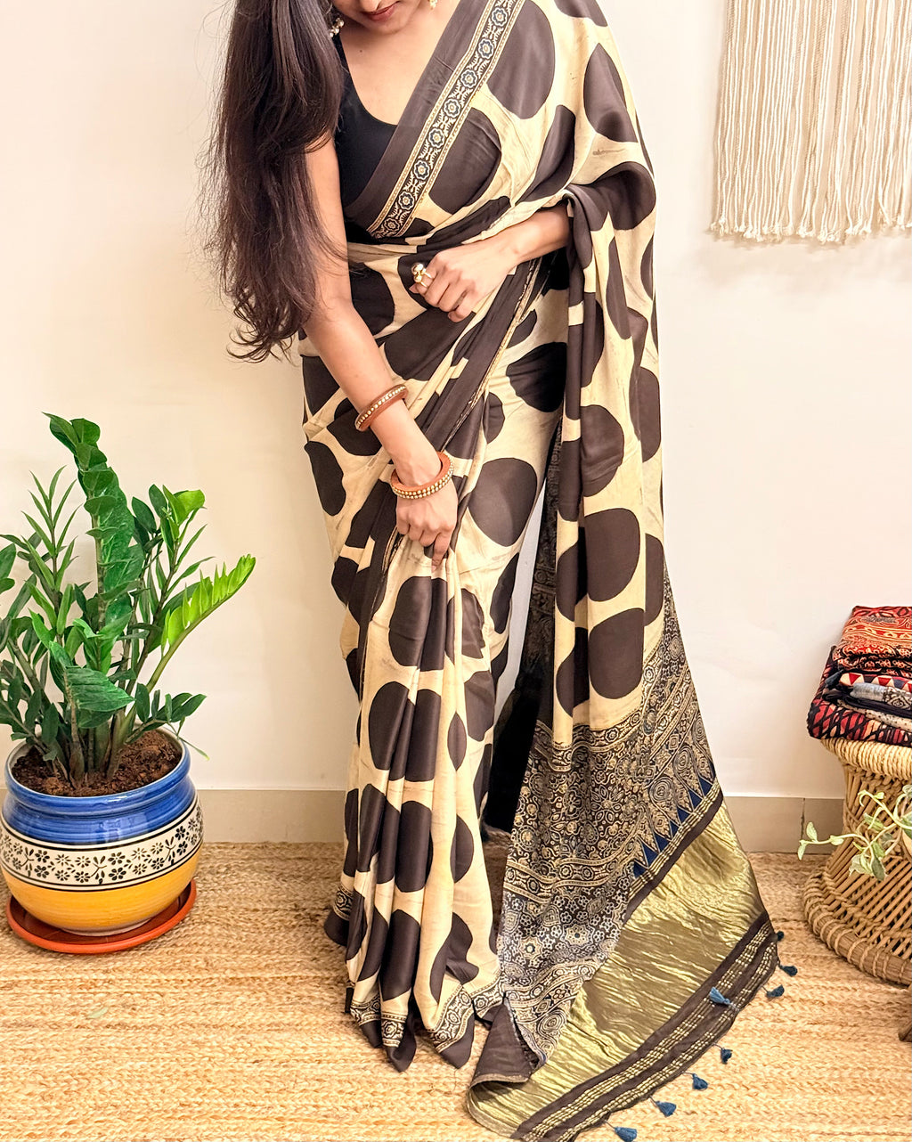 All Eyes: Cream Ajrakh Handblock Printed Modal Saree with Tissue Pallu