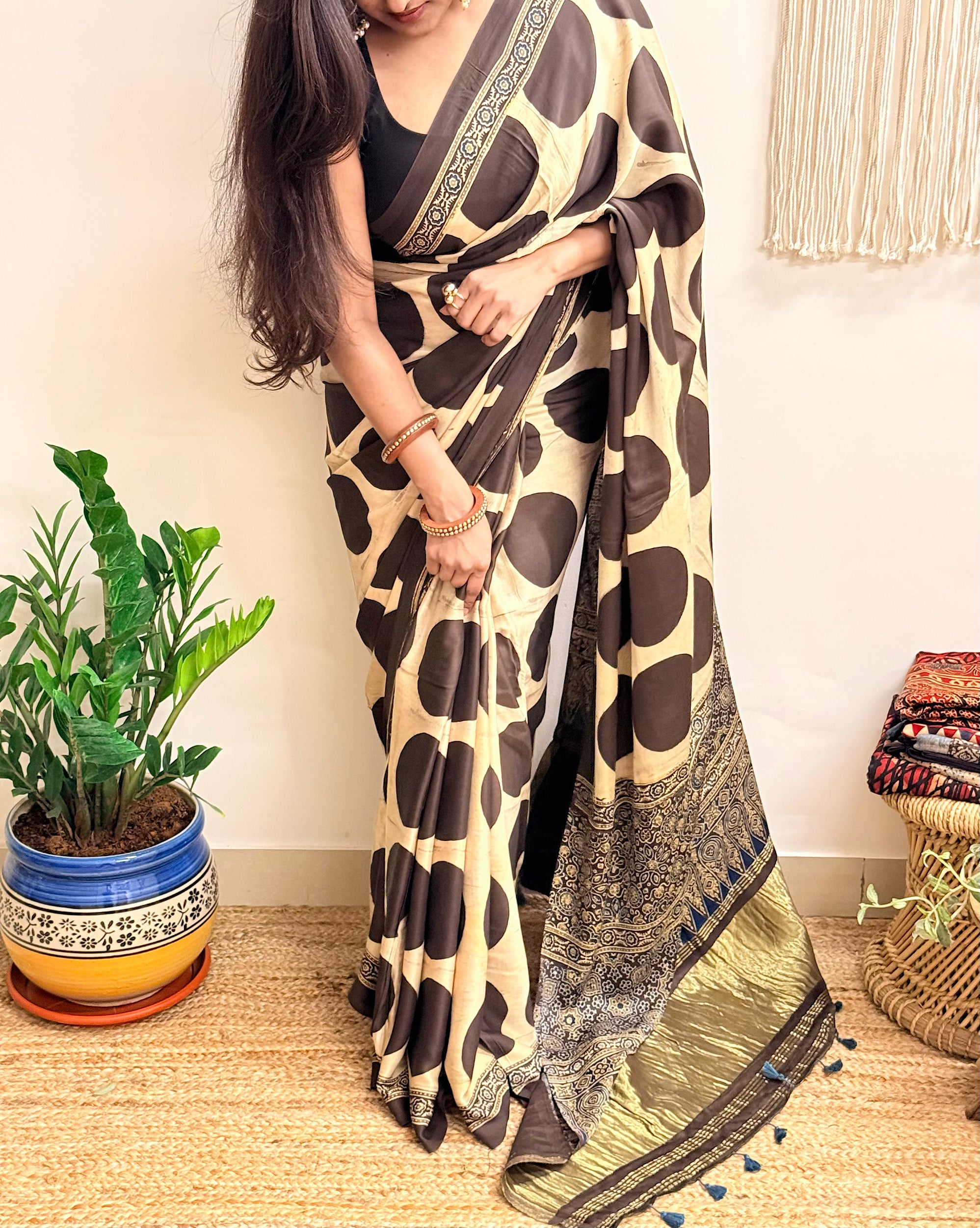 All Eyes: Cream Ajrakh Handblock Printed Modal Saree with Tissue Pallu