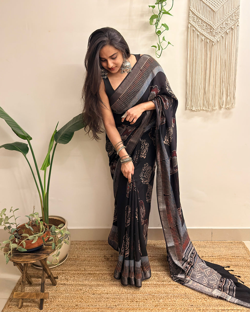 Midnight: Black Ajrakh Handblock Printed Slub Cotton Saree