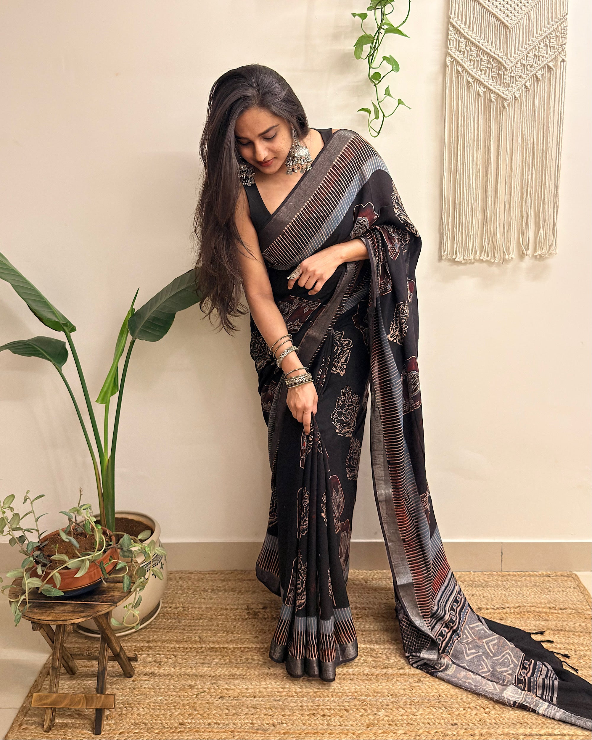 Midnight: Black Ajrakh Handblock Printed Slub Cotton Saree
