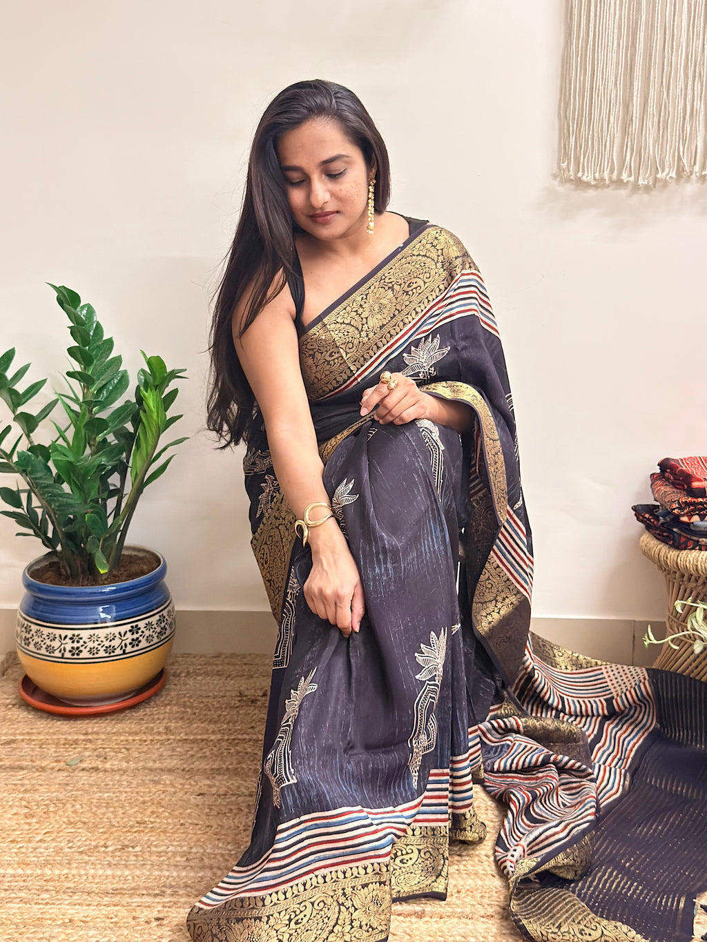 Wildflower: Charcoal Black Ajrakh Handblock Printed Dola Silk Saree