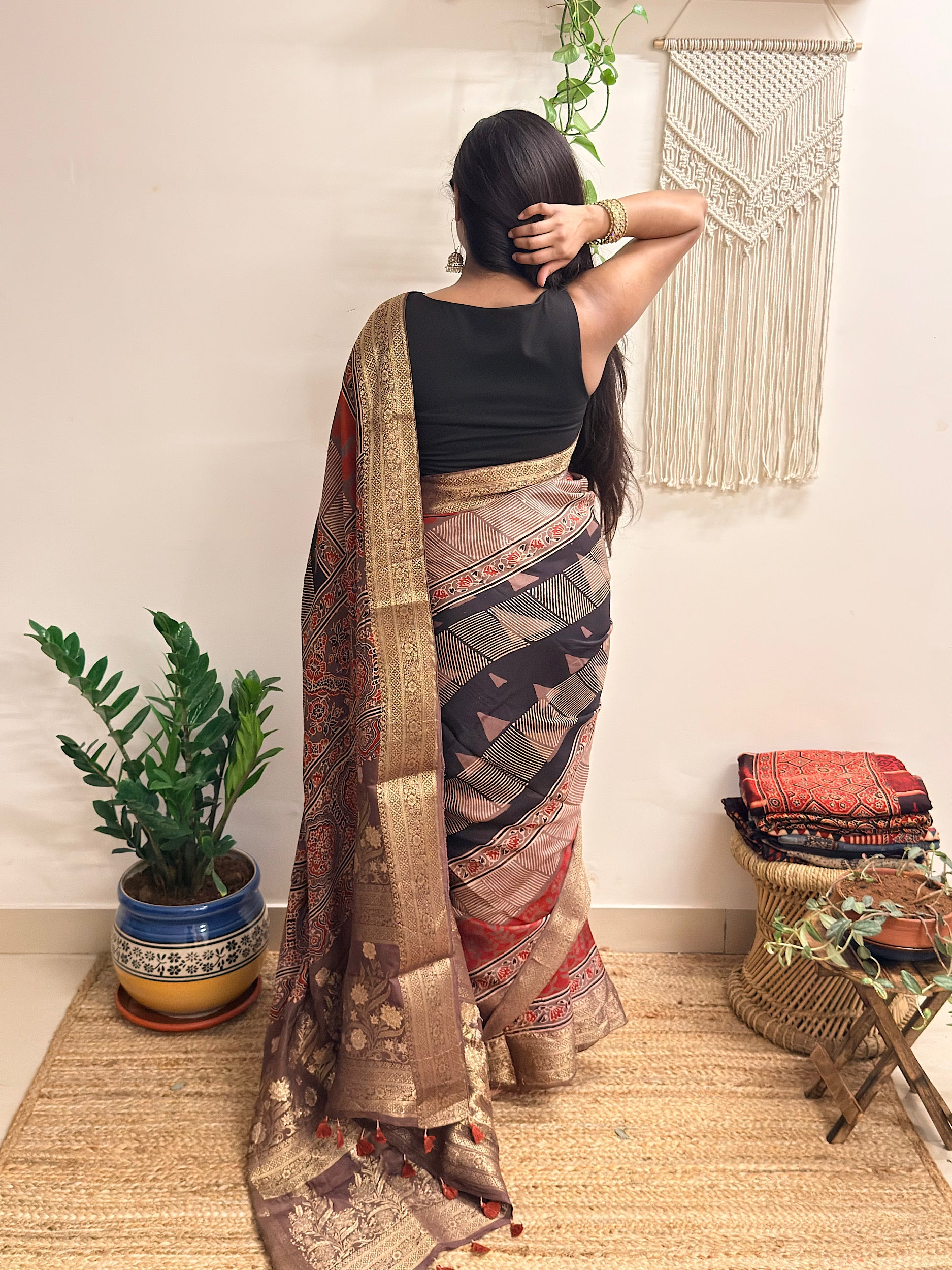 Ganache: Red and Brown Ajrakh Handblock Printed Dola Silk Saree