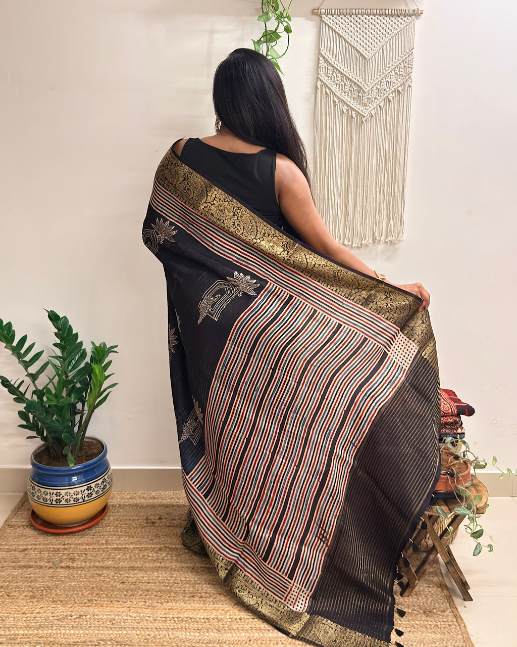 Wildflower: Charcoal Black Ajrakh Handblock Printed Dola Silk Saree