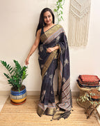 Wildflower: Charcoal Black Ajrakh Handblock Printed Dola Silk Saree