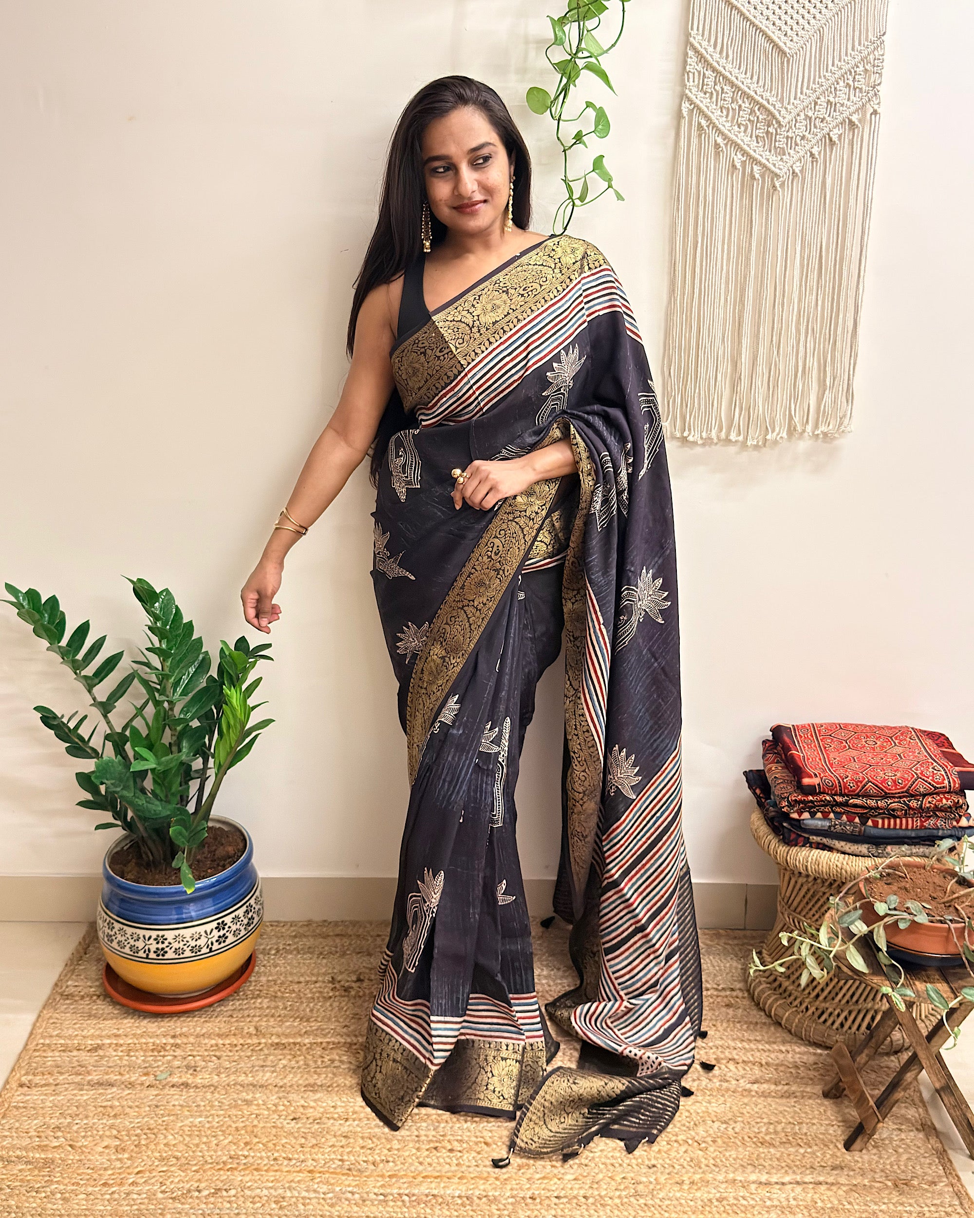 Wildflower: Charcoal Black Ajrakh Handblock Printed Dola Silk Saree