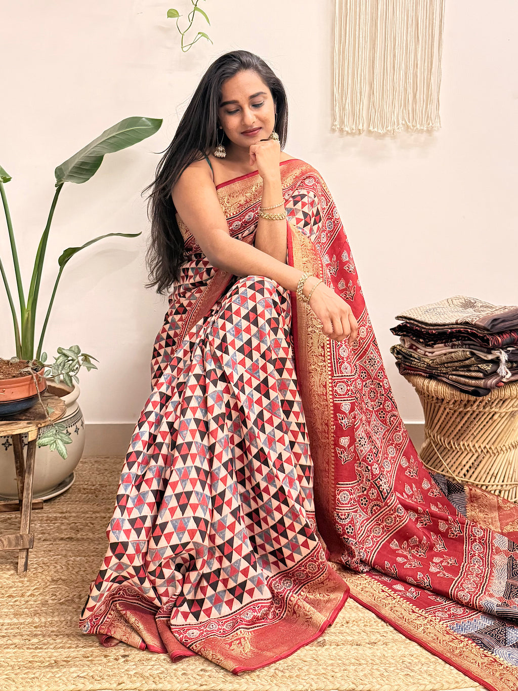 Dilruba: Cream and Red Ajrakh Handblock Printed Dola Silk Saree