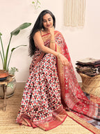 Dilruba: Cream and Red Ajrakh Handblock Printed Dola Silk Saree