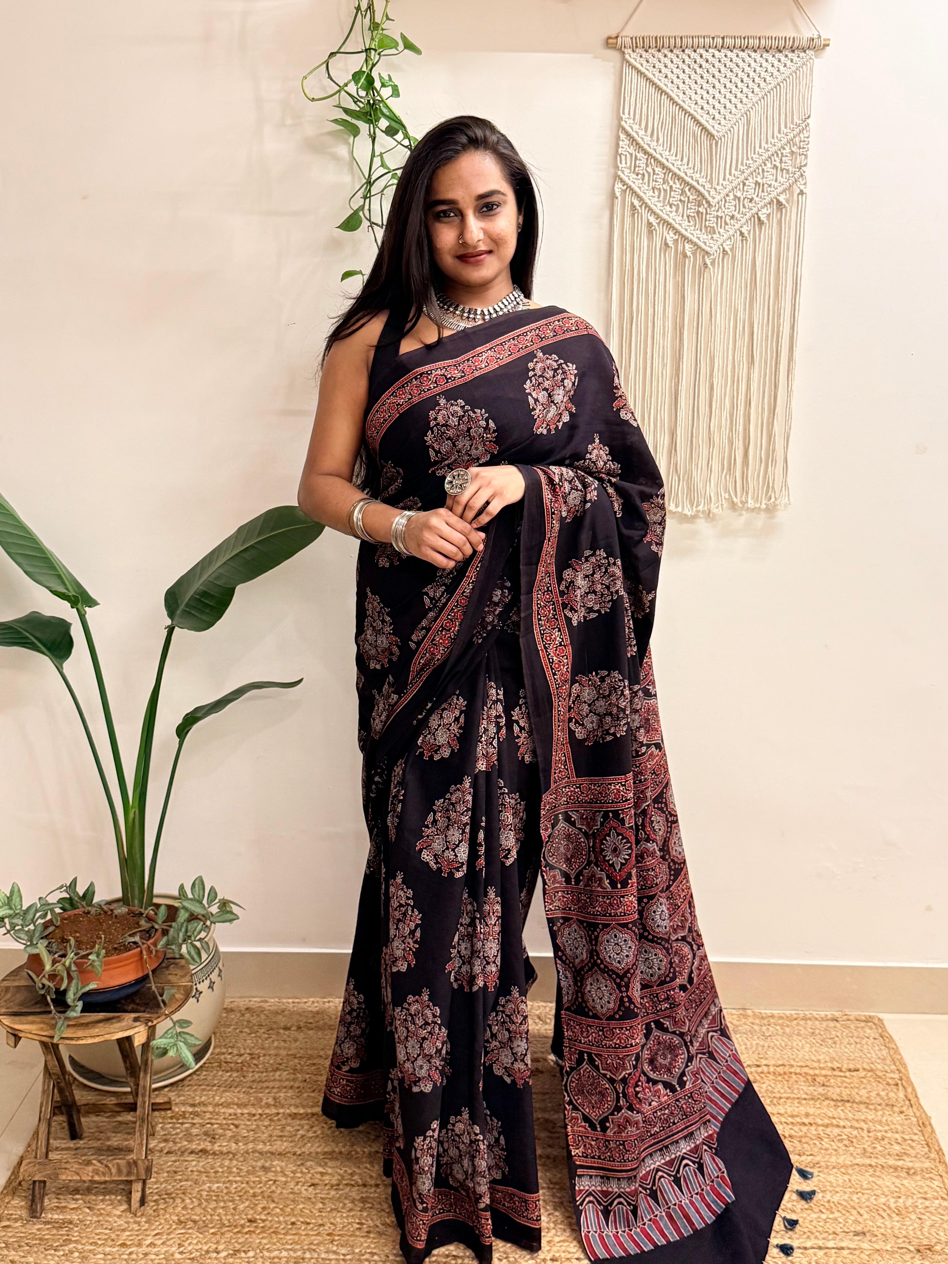 Night Bloom: Black Ajrakh Handblock Printed Mul Cotton Saree