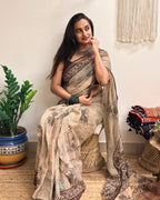 Sarsarahat: Beige Ajrakh Handblock Printed Kota Doria Saree