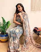 Rimjhim: Dusty Blue and Beige Ajrakh Handblock Printed Kota Doria Saree