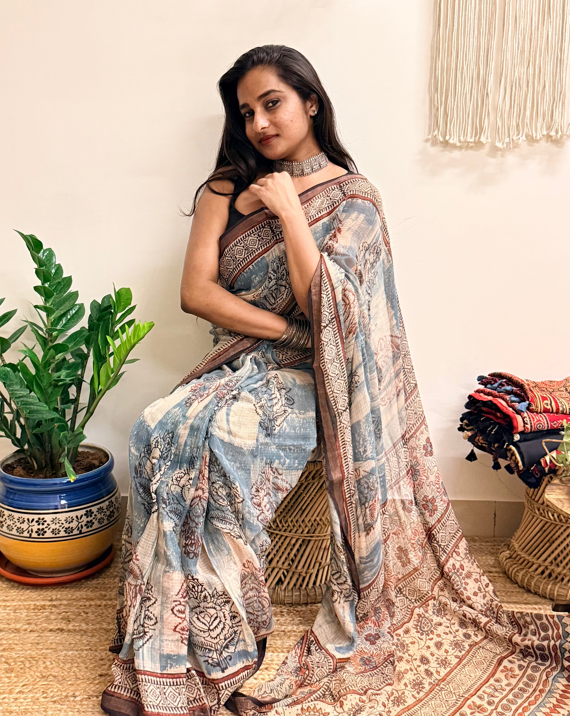 Rimjhim: Dusty Blue and Beige Ajrakh Handblock Printed Kota Doria Saree