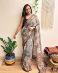 Rimjhim: Dusty Blue and Beige Ajrakh Handblock Printed Kota Doria Saree