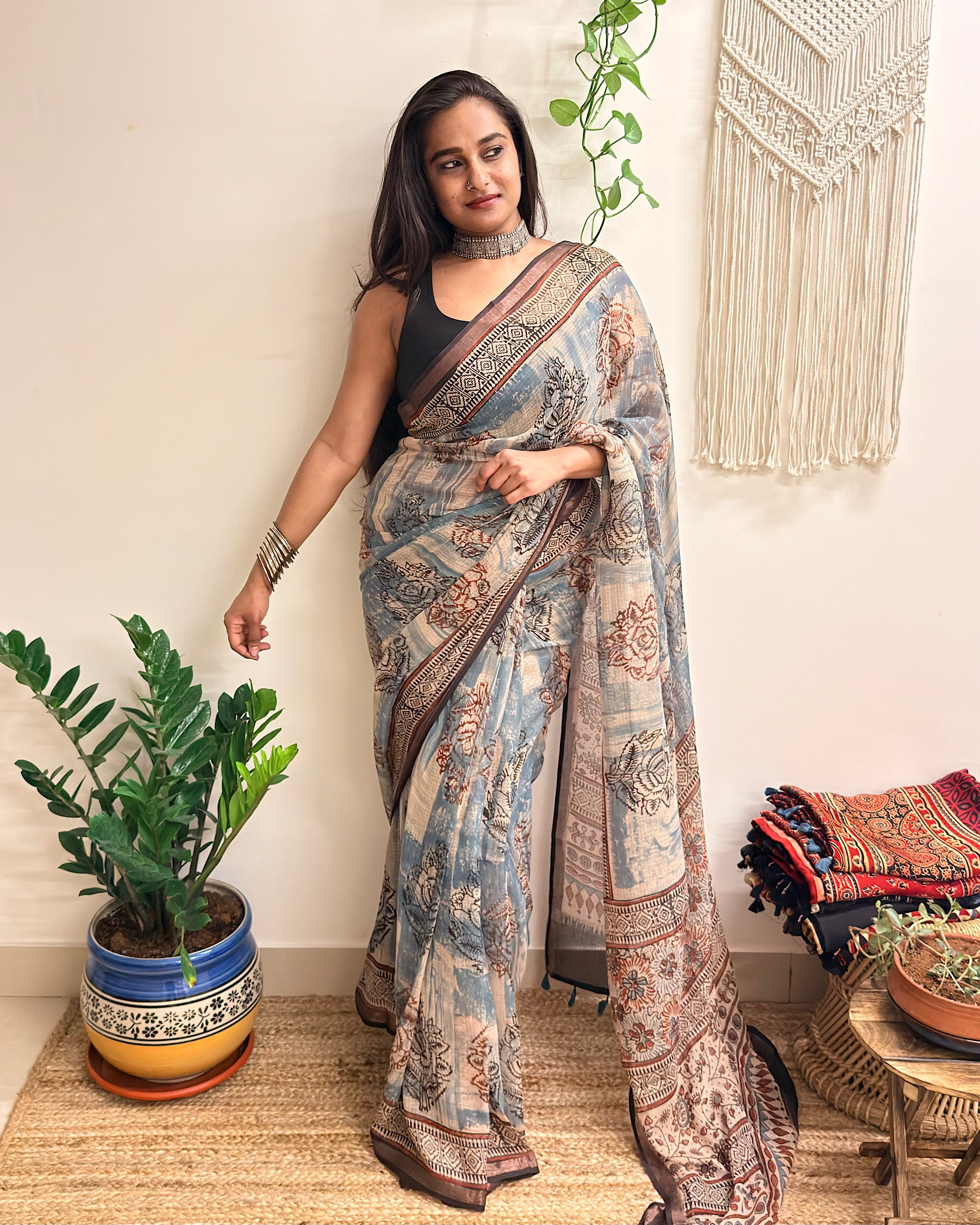 Rimjhim: Dusty Blue and Beige Ajrakh Handblock Printed Kota Doria Saree