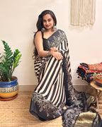 Main Character: Black and Cream Ajrakh Handblock Printed Modal Saree with Tissue Pallu