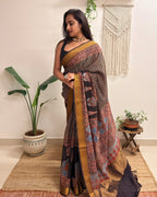 Adaa: Black Ajrakh Handblock Printed Mul Cotton Saree with Zari Border