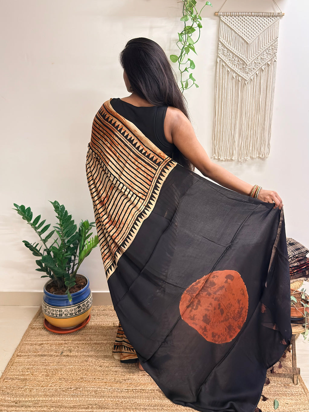 The Eclipse: Beige and Black Striped Ajrakh Handblock Printed Modal Saree