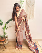 Sukoon: Cream Checkered Ajrakh Handblock Printed Mul Cotton Saree