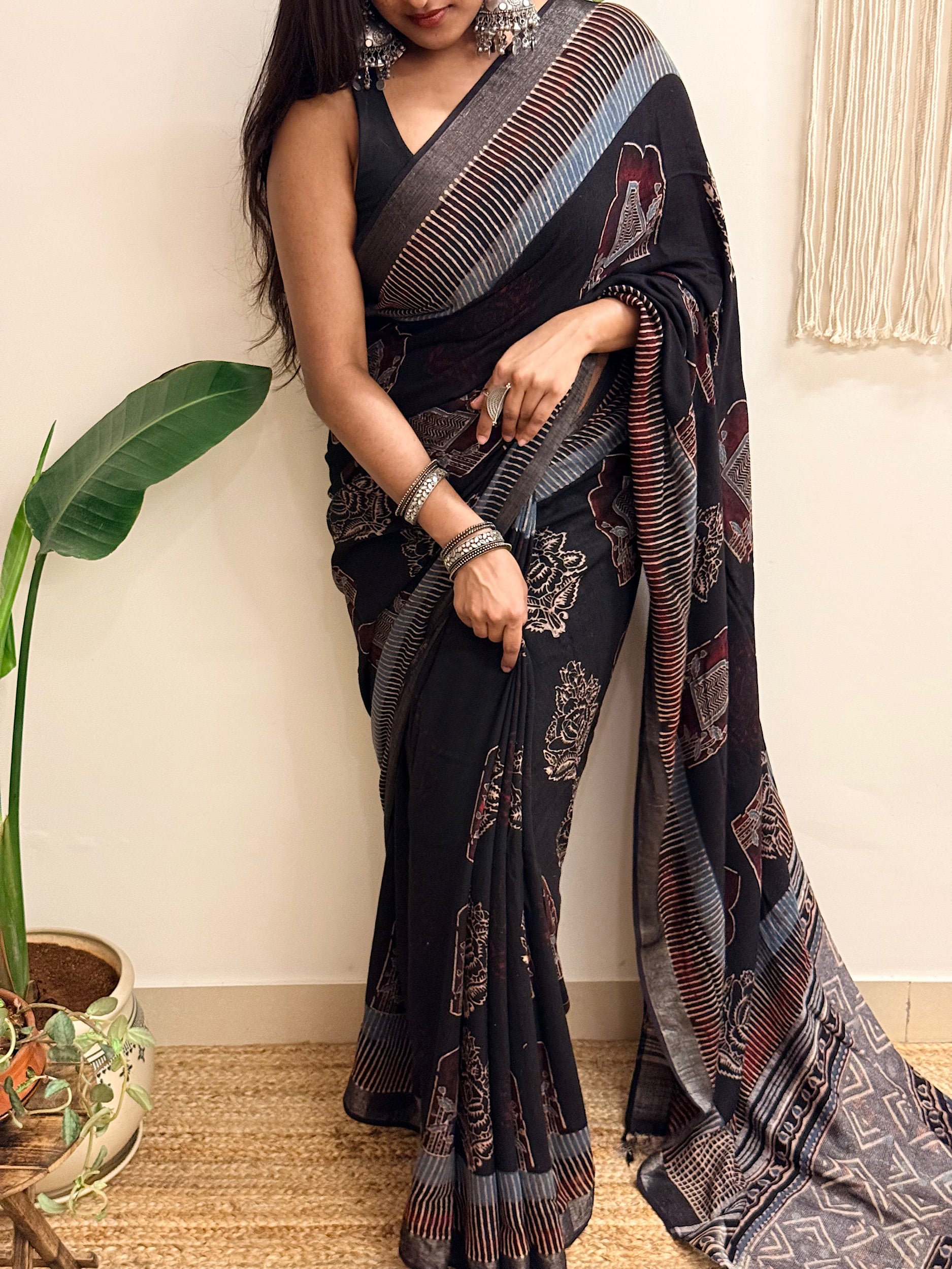 Midnight: Black Ajrakh Handblock Printed Slub Cotton Saree