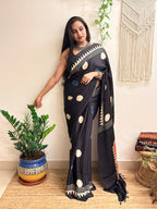 Velvet Night: Black Oversized Polka Dots Ajrakh Handblock Printed Modal Saree