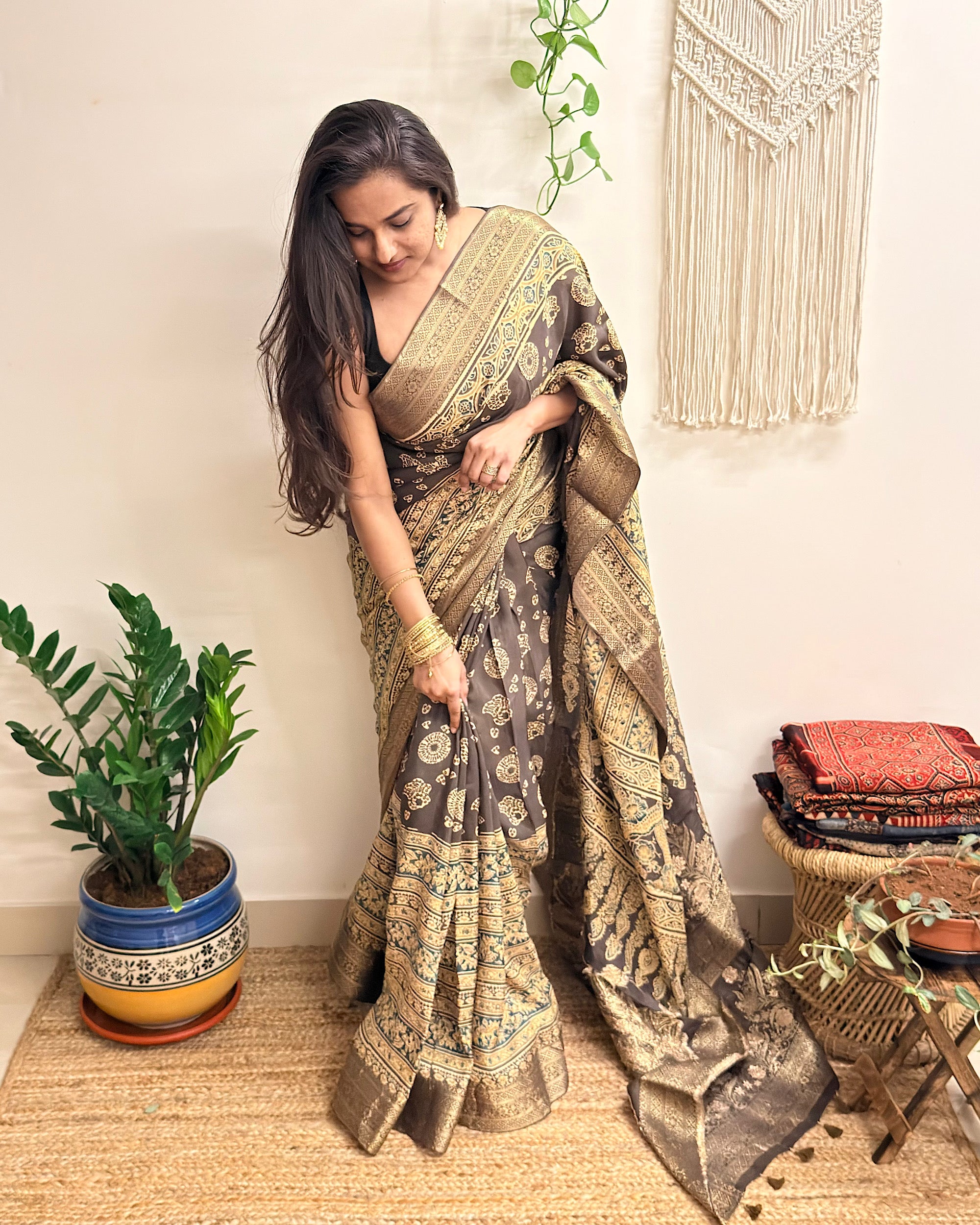 Jashn: Olive Grey Ajrakh Handblock Printed Dola Silk Saree