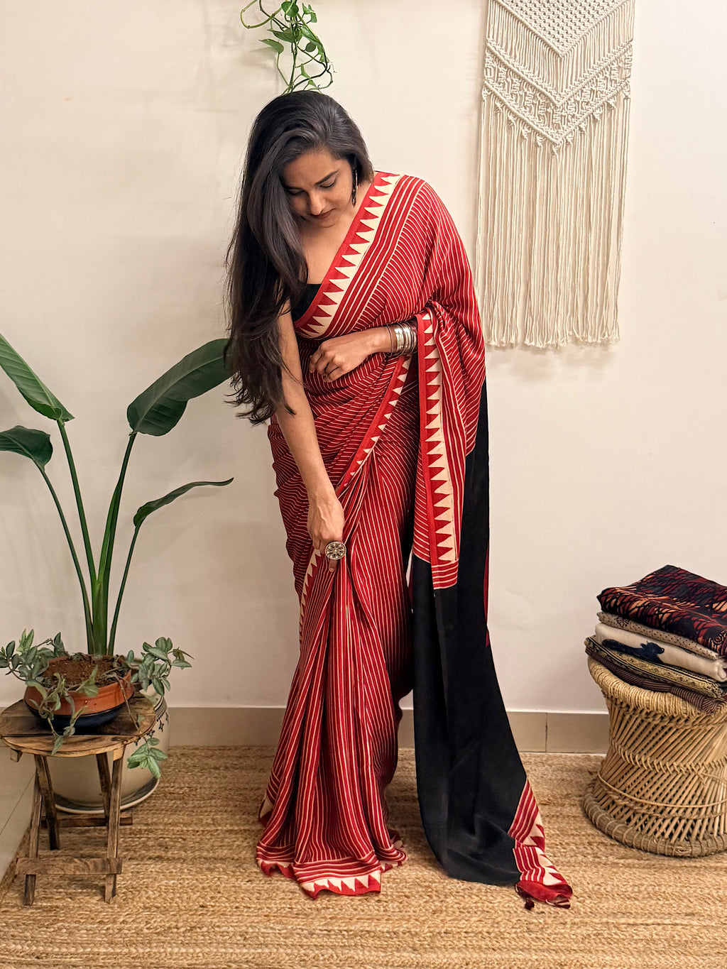 Aarzoo: Red and Cream Striped Ajrakh Handblock Printed Modal Saree
